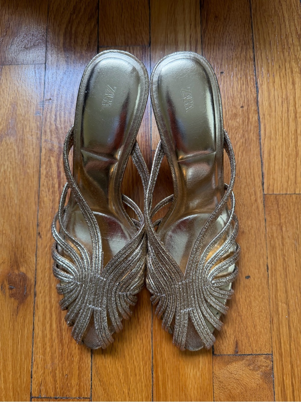 Zara Metallic Gold Strappy Slide Mules